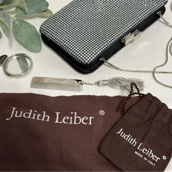 Judith Leiber Swarovski Crystal Evening Bag Clutch with Chain Mirror Comb Glam - Picture 10 of 16